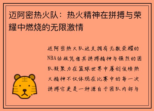 迈阿密热火队：热火精神在拼搏与荣耀中燃烧的无限激情